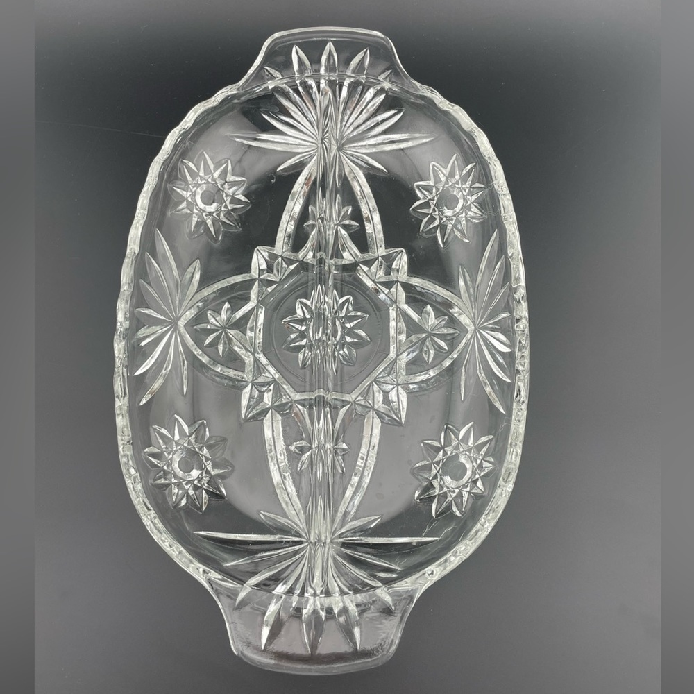 Vintage, Starburst 2-Part Relish Dish, Prescut Clear Glass, by Anchor Hocking